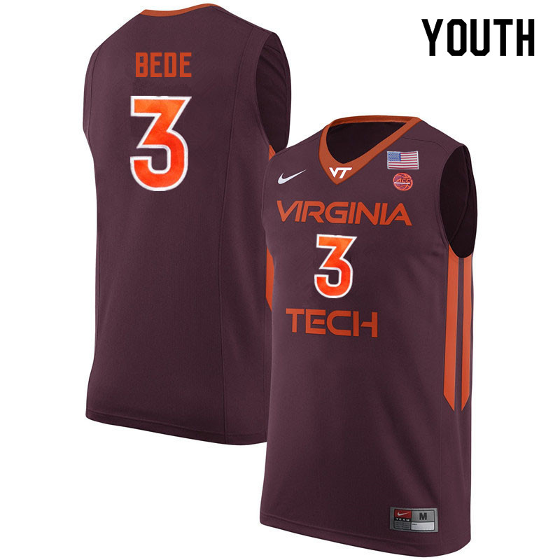 Youth #3 Wabissa Bede Virginia Tech Hokies College Basketball Jerseys Sale-Maroon